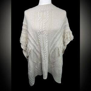 Apt. 9 Honor Roll Knit Cable Fringe Poncho Sweater Ivory Off White